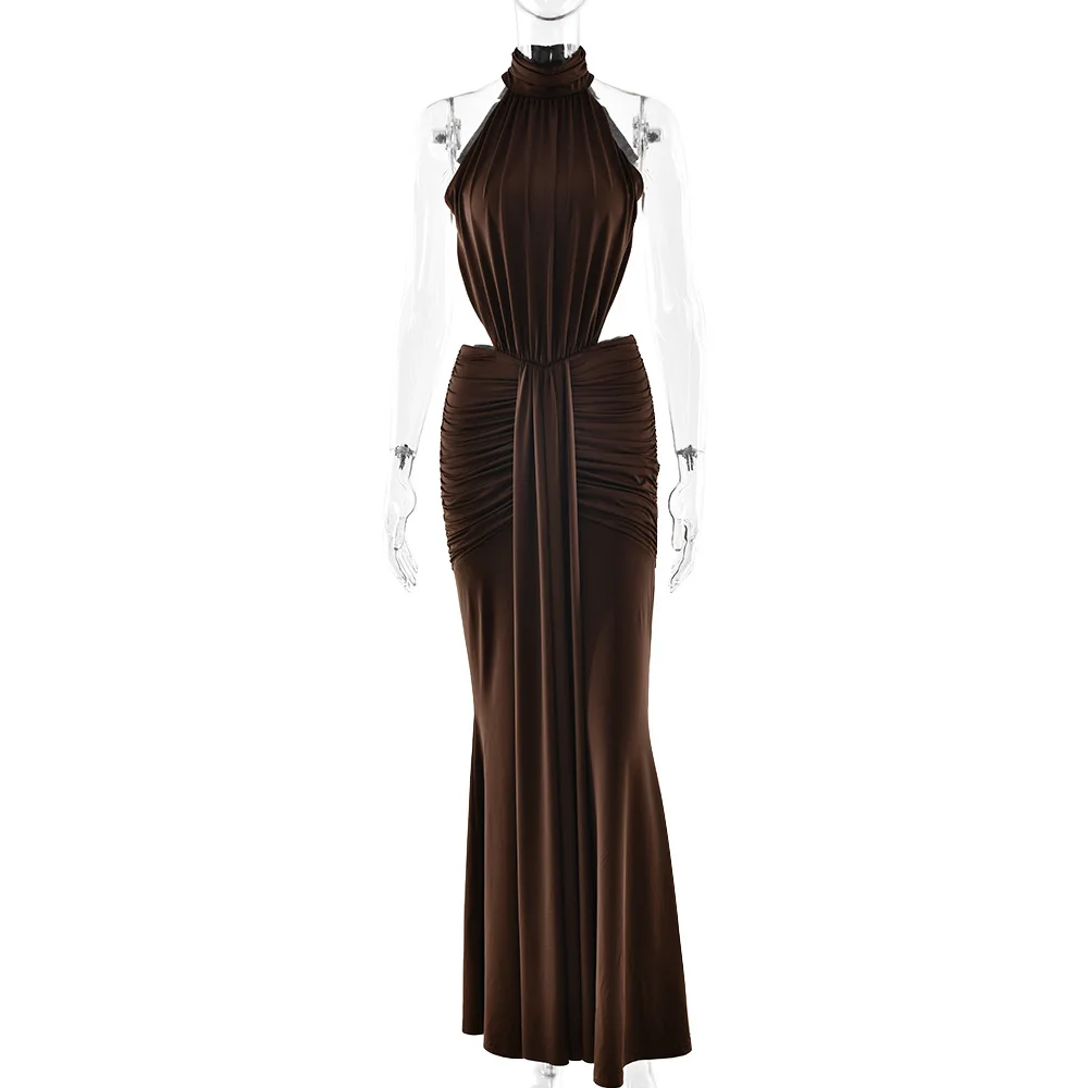 Elegant Brown Long Dress Women's Luxury Turtleneck Female Backless Black Party Casual Evening Dresses Wedding Guest Orange Gowns