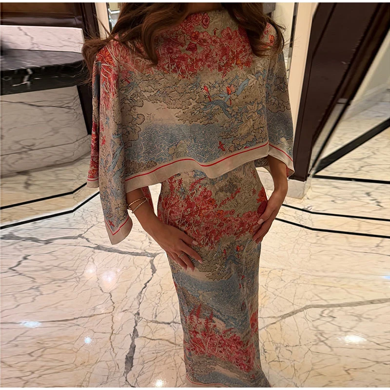 Women Floral Dress With Attached Shawl Cape Overlay Waisted Bodycon Maxi Dresses Fashion Elegant Commute 2026 Summer Autumn Gown