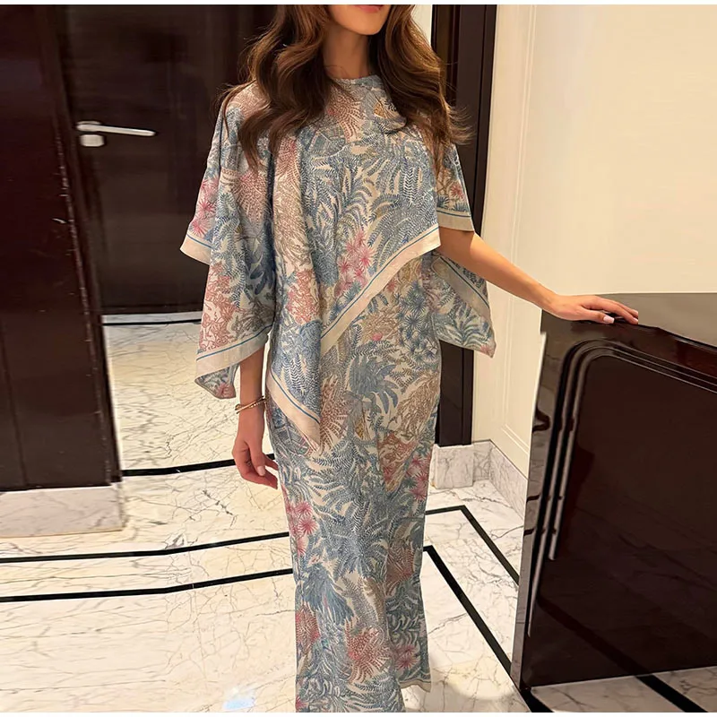 Women Floral Dress With Attached Shawl Cape Overlay Waisted Bodycon Maxi Dresses Fashion Elegant Commute 2026 Summer Autumn Gown
