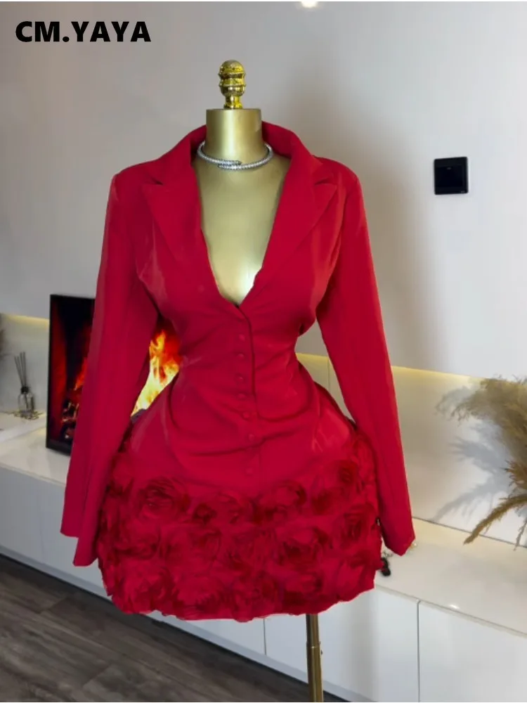 CM.YAYA Women 3D Rose Flower Long Sleeve V-neck Mini Midi Dress 2026 Fall OL Street Work Elegant Vacation Party Birthday Dresses