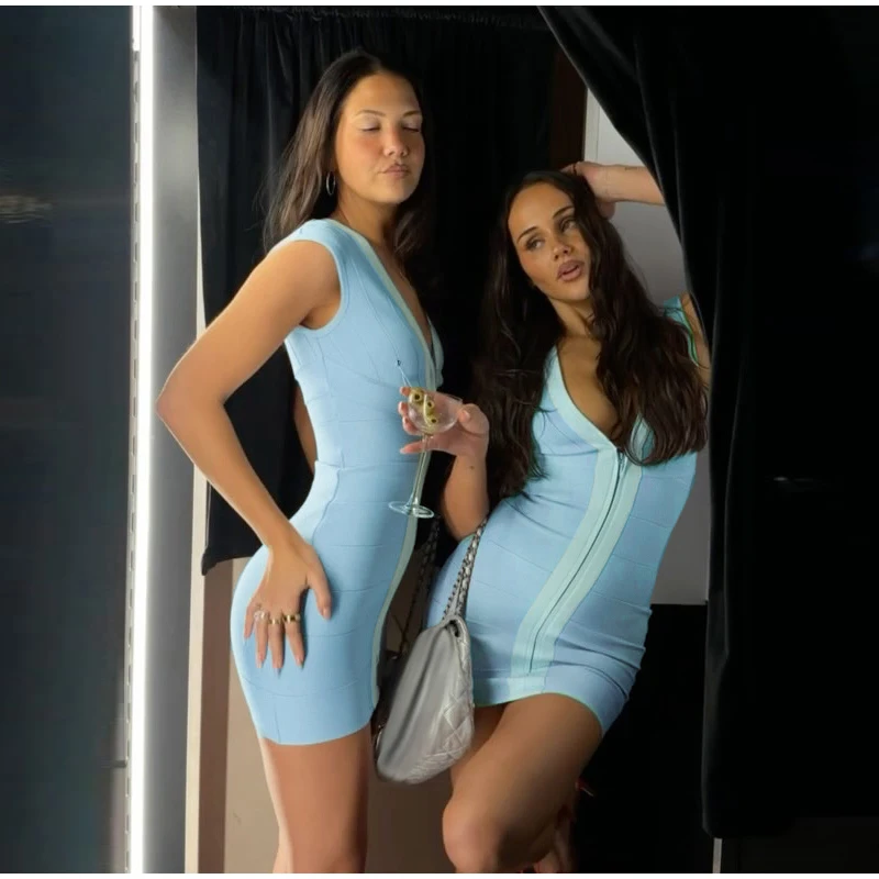 Elegant V-Neck Women's Dress Sleeveless Zippers Elastic Hip Package Lady Mini Dresses 2026 Summer Autumn Chic New Female Robe