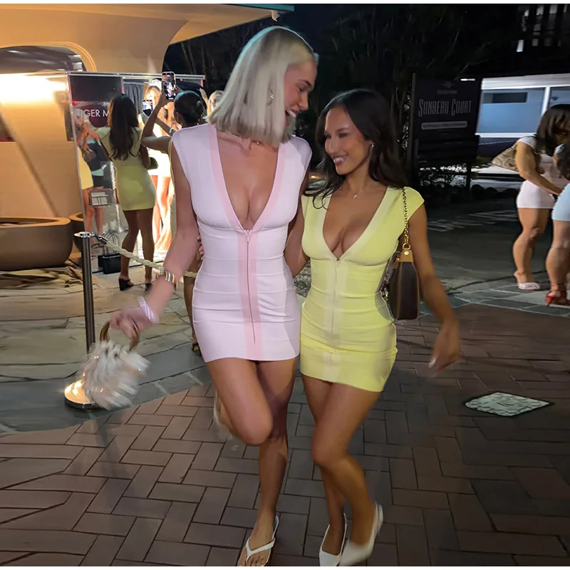 Elegant V-Neck Women's Dress Sleeveless Zippers Elastic Hip Package Lady Mini Dresses 2026 Summer Autumn Chic New Female Robe