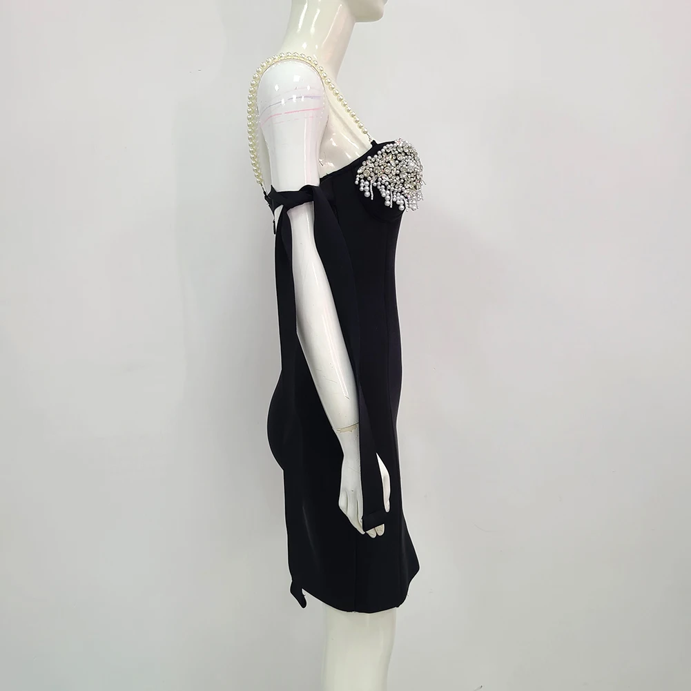 New Women Summer Sexy Backless Pearl Diamonds Crystal Black Mini Bodycon Bandage Dress 2021 Elegant Evening Party Dress Vestido