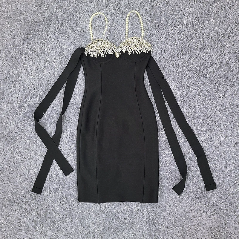 New Women Summer Sexy Backless Pearl Diamonds Crystal Black Mini Bodycon Bandage Dress 2021 Elegant Evening Party Dress Vestido