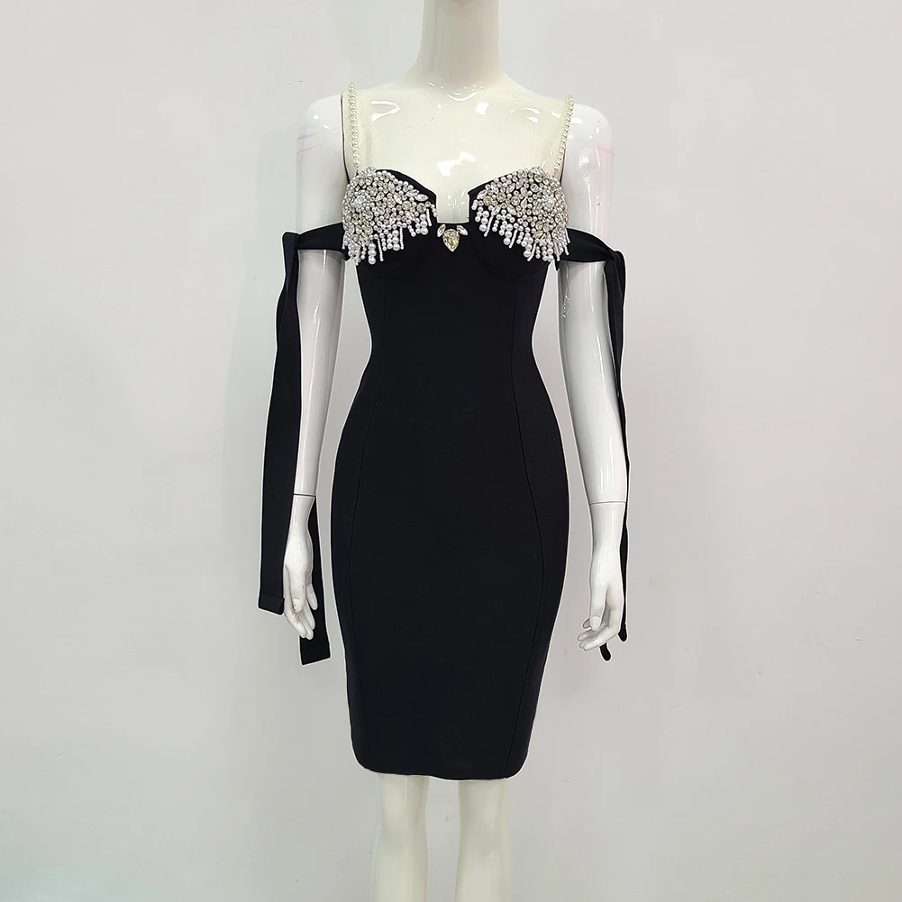 New Women Summer Sexy Backless Pearl Diamonds Crystal Black Mini Bodycon Bandage Dress 2021 Elegant Evening Party Dress Vestido