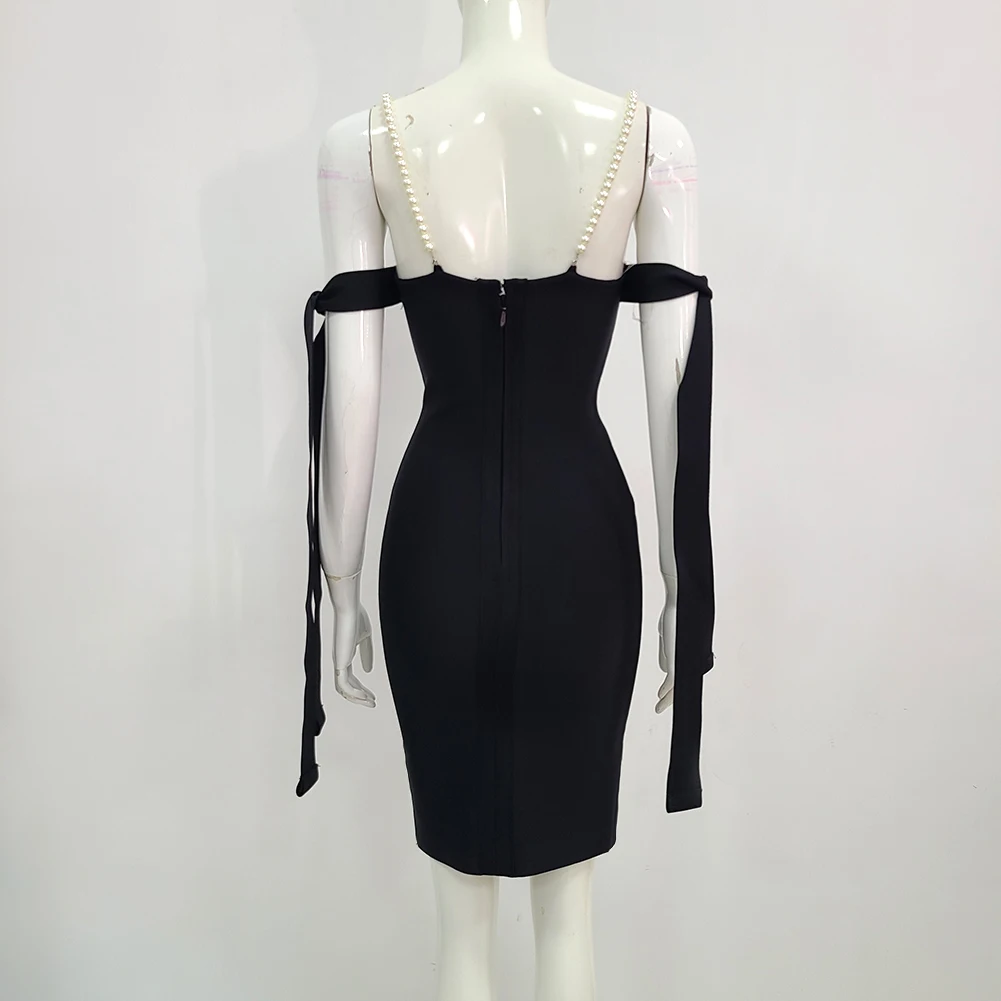 New Women Summer Sexy Backless Pearl Diamonds Crystal Black Mini Bodycon Bandage Dress 2021 Elegant Evening Party Dress Vestido