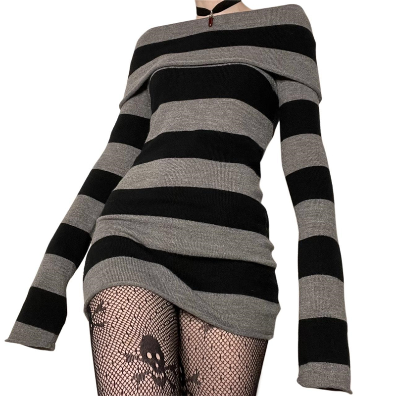 Lamuusaa Gothic Dress Women Punk Style Witchy Dark Academia Off Shoulder Long Sleeve Knitted Dress y2k Grunge Dresses Clubwear