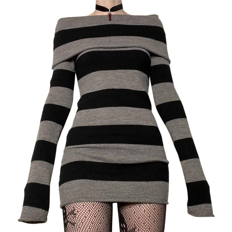 Lamuusaa Gothic Dress Women Punk Style Witchy Dark Academia Off Shoulder Long Sleeve Knitted Dress y2k Grunge Dresses Clubwear