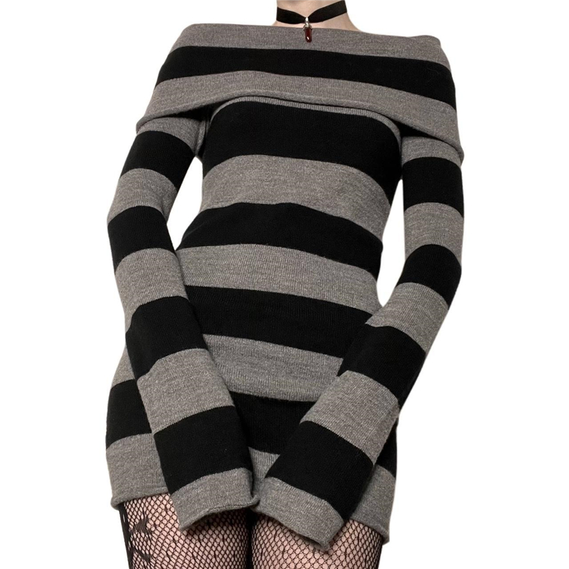 Lamuusaa Gothic Dress Women Punk Style Witchy Dark Academia Off Shoulder Long Sleeve Knitted Dress y2k Grunge Dresses Clubwear