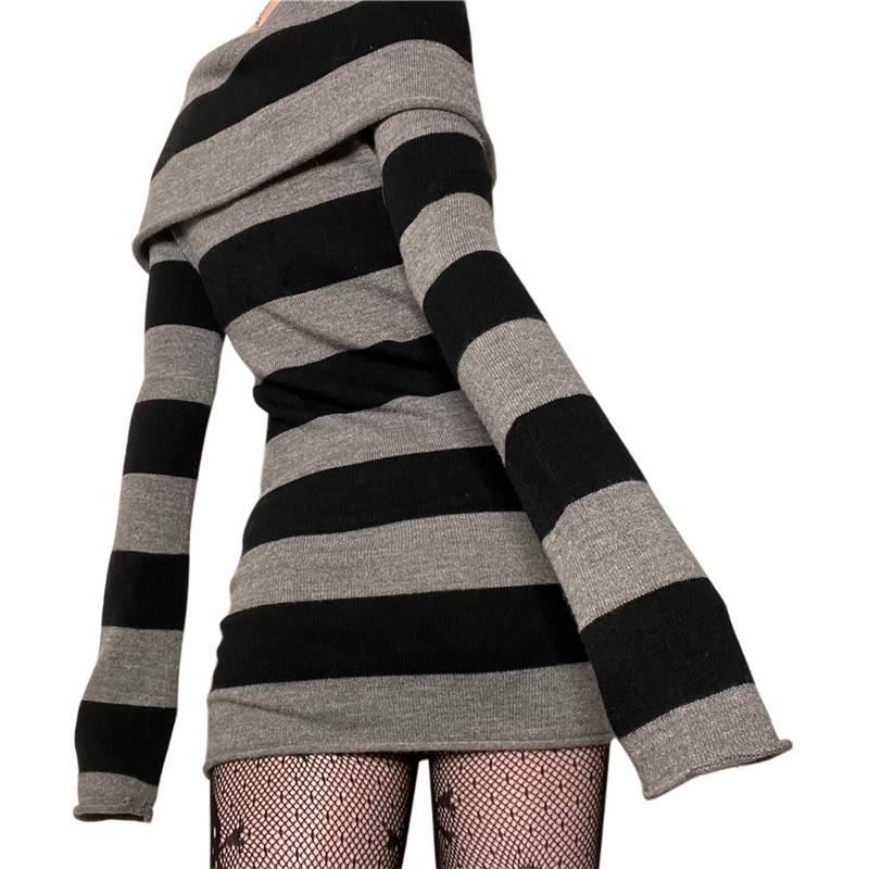 Lamuusaa Gothic Dress Women Punk Style Witchy Dark Academia Off Shoulder Long Sleeve Knitted Dress y2k Grunge Dresses Clubwear