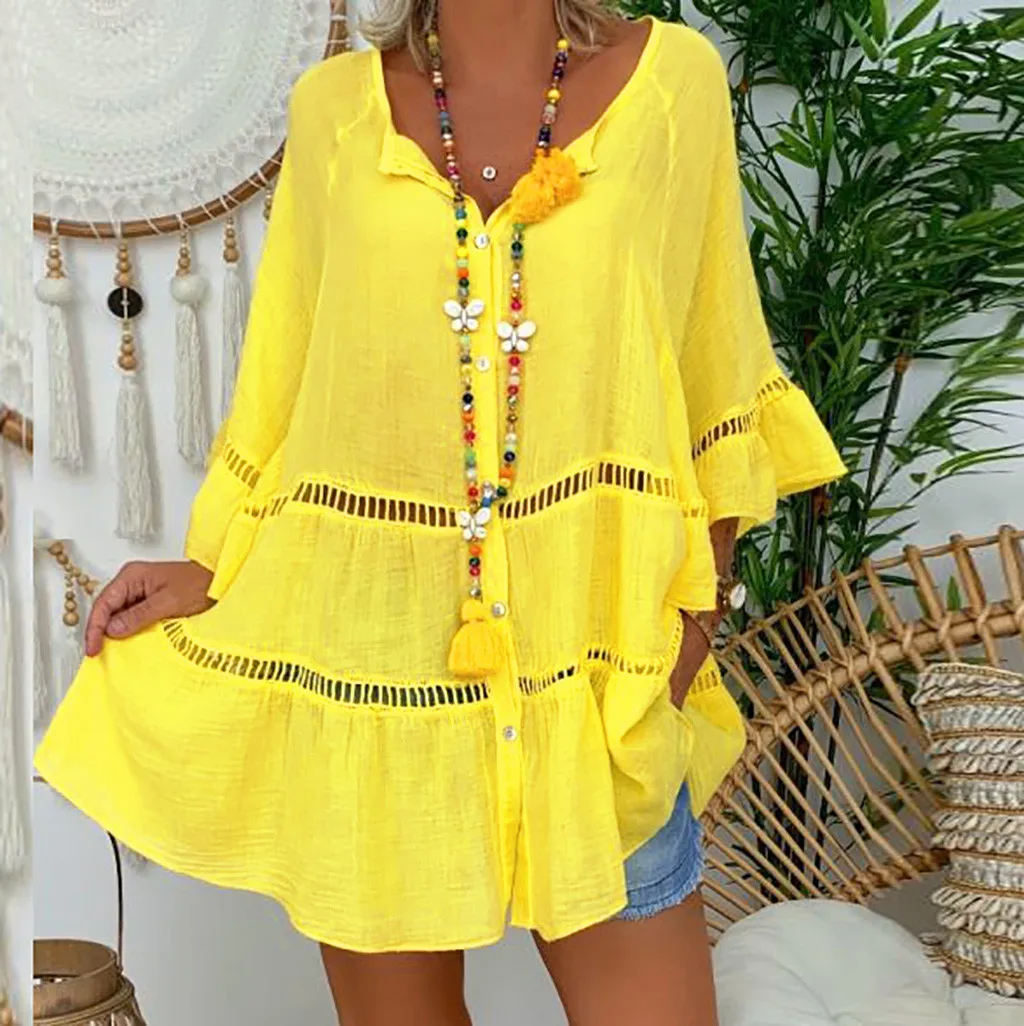 Sexy Yellow Loose Hollow Out Dress Summer V Neck Long Sleeve Cotton Linen Baggy Party Dresses Oversized S-5XL ARJ-138Y