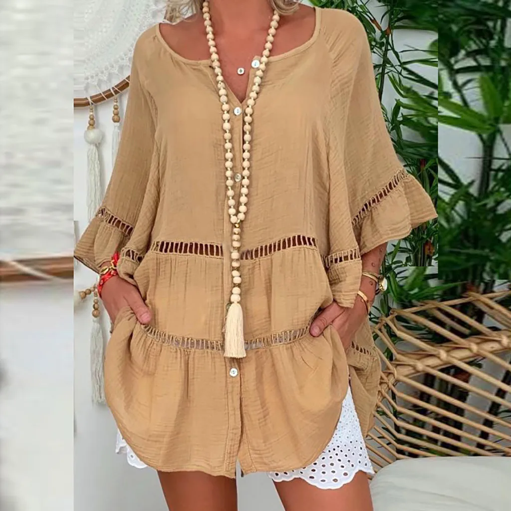 Sexy Yellow Loose Hollow Out Dress Summer V Neck Long Sleeve Cotton Linen Baggy Party Dresses Oversized S-5XL ARJ-138Y