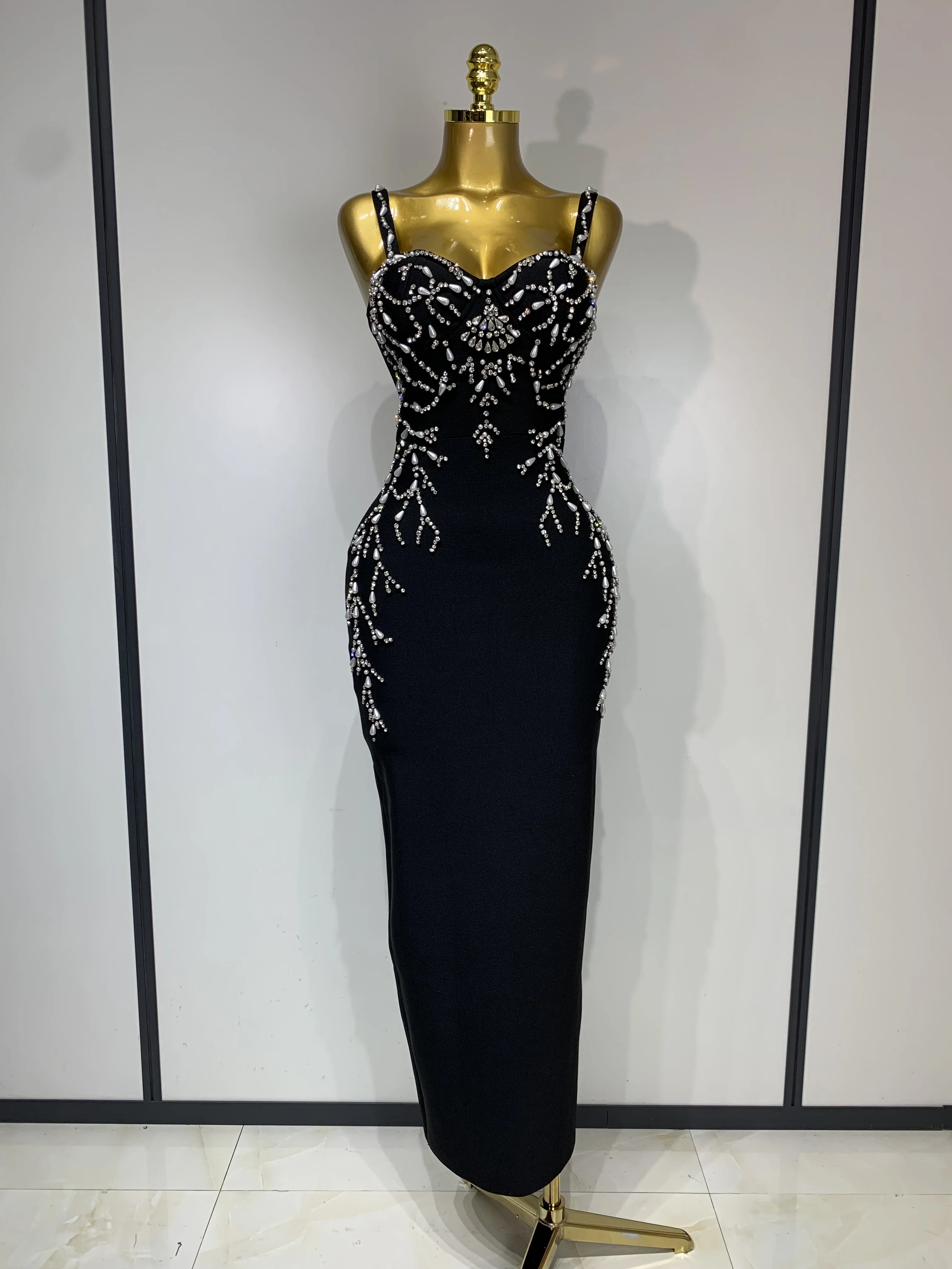 Women Sexy V Neck Black Beading Maxi Long Bodycon Bandage Dress 2025 Celebrity Elegant Evening Club Party Luxury Birthday Dress