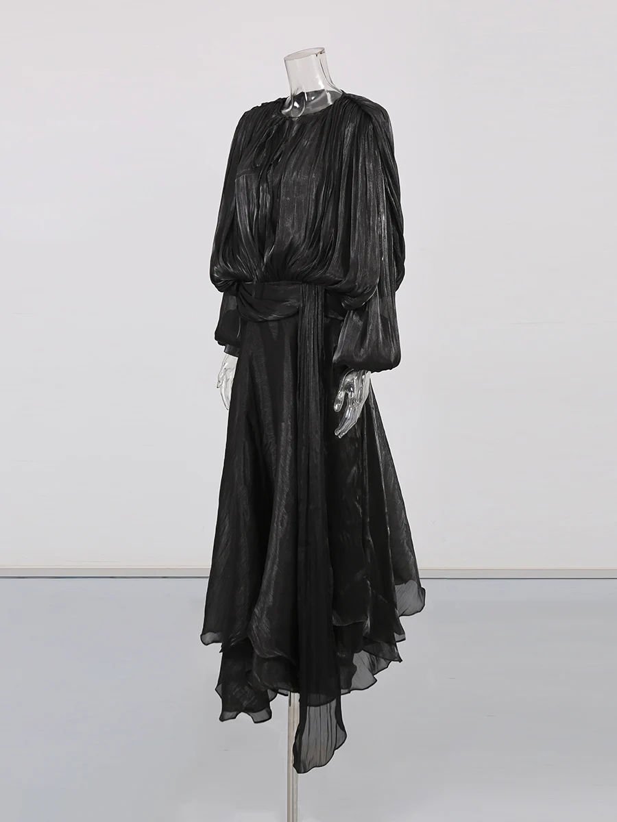 TWOTWINSTYLE Solid Spliced Folds Fashion Dresses for Women Round Neck Long Sleeves High Waist Irregular Dress Female Clothes New