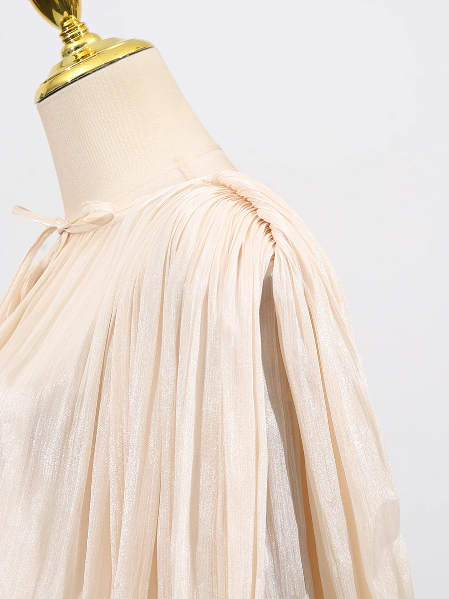 TWOTWINSTYLE Solid Spliced Folds Fashion Dresses for Women Round Neck Long Sleeves High Waist Irregular Dress Female Clothes New
