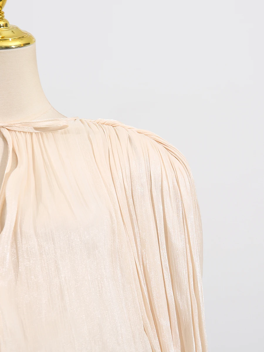 TWOTWINSTYLE Solid Spliced Folds Fashion Dresses for Women Round Neck Long Sleeves High Waist Irregular Dress Female Clothes New