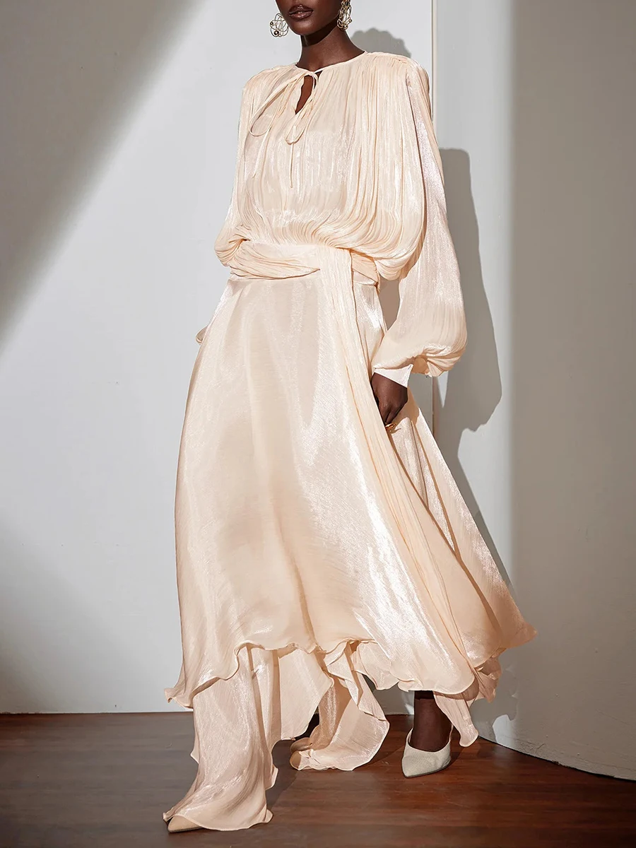 TWOTWINSTYLE Solid Spliced Folds Fashion Dresses for Women Round Neck Long Sleeves High Waist Irregular Dress Female Clothes New