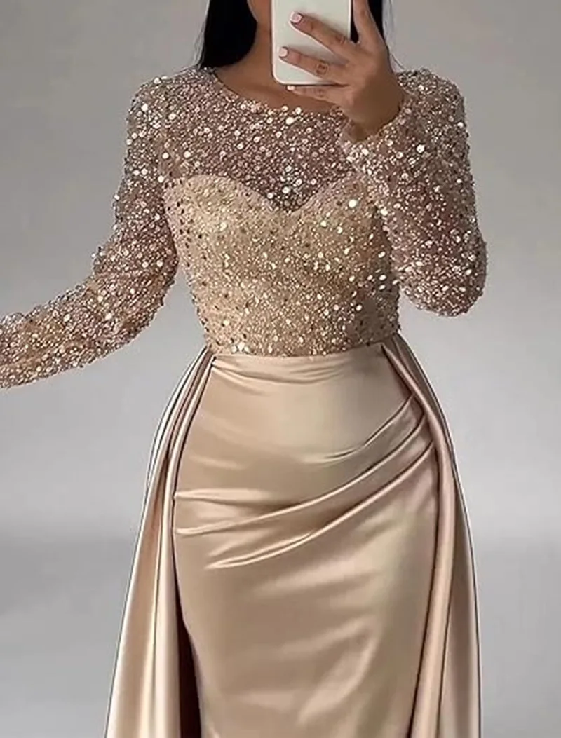 Women Party Dress Long Sleeve Sequins Empire Mesh Elegant O-neck Lady Big Swing New Banquet Temperament Clothing