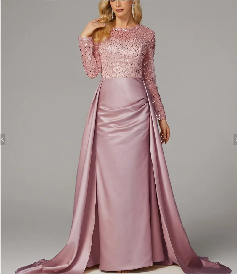 Women Party Dress Long Sleeve Sequins Empire Mesh Elegant O-neck Lady Big Swing New Banquet Temperament Clothing