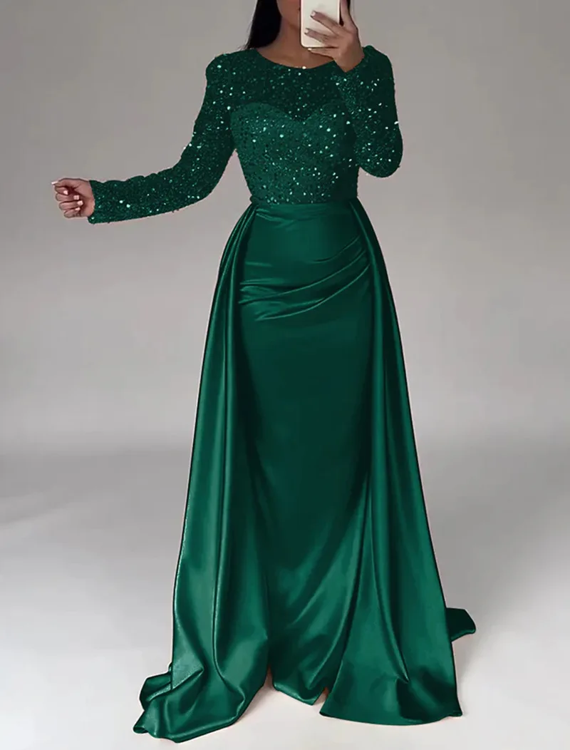 Women Party Dress Long Sleeve Sequins Empire Mesh Elegant O-neck Lady Big Swing New Banquet Temperament Clothing