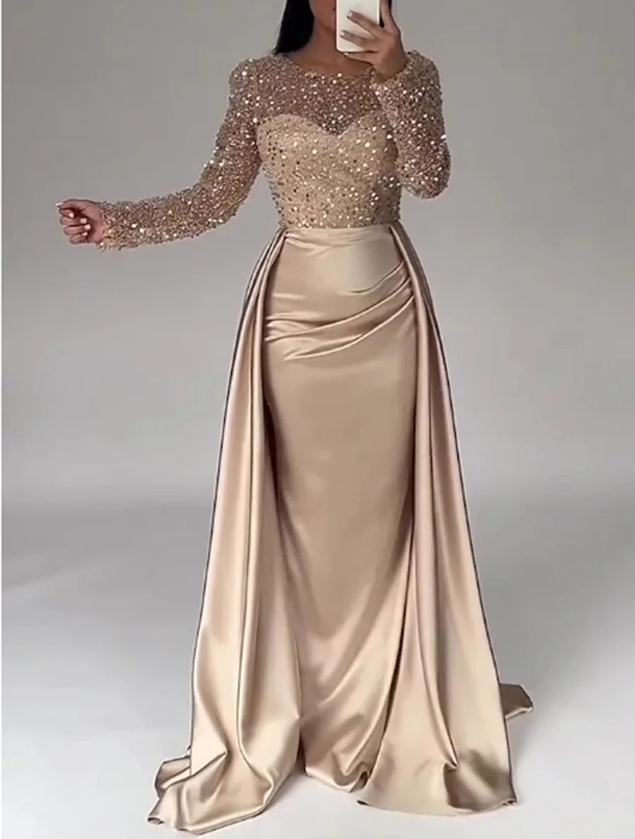 Women Party Dress Long Sleeve Sequins Empire Mesh Elegant O-neck Lady Big Swing New Banquet Temperament Clothing