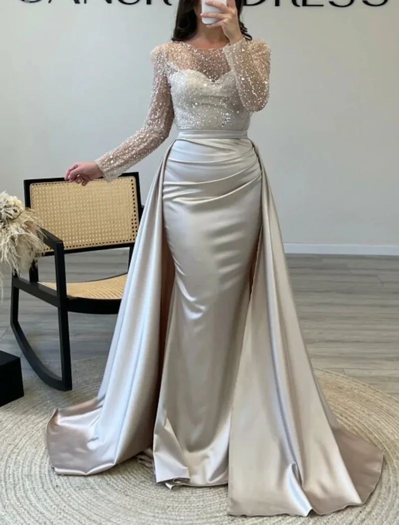 Women Party Dress Long Sleeve Sequins Empire Mesh Elegant O-neck Lady Big Swing New Banquet Temperament Clothing
