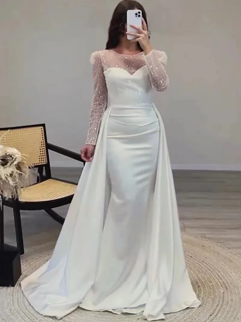 Women Party Dress Long Sleeve Sequins Empire Mesh Elegant O-neck Lady Big Swing New Banquet Temperament Clothing