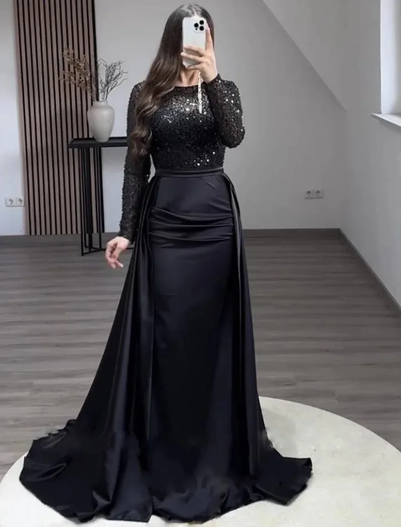 Women Party Dress Long Sleeve Sequins Empire Mesh Elegant O-neck Lady Big Swing New Banquet Temperament Clothing