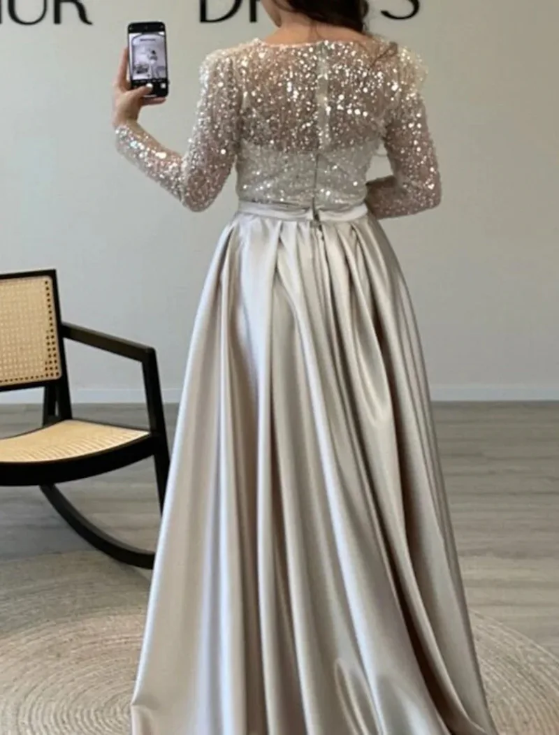 Women Party Dress Long Sleeve Sequins Empire Mesh Elegant O-neck Lady Big Swing New Banquet Temperament Clothing