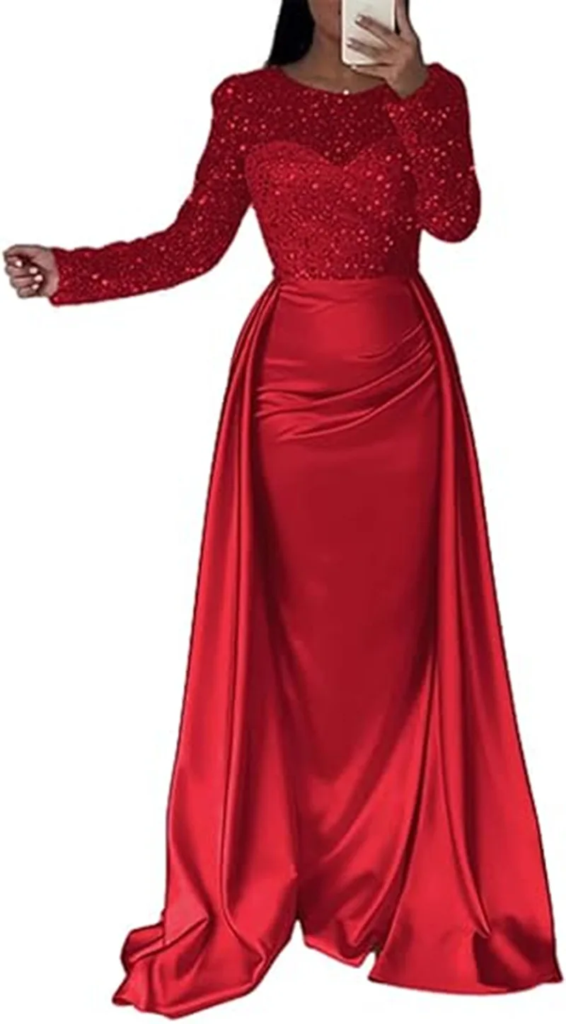 Women Party Dress Long Sleeve Sequins Empire Mesh Elegant O-neck Lady Big Swing New Banquet Temperament Clothing