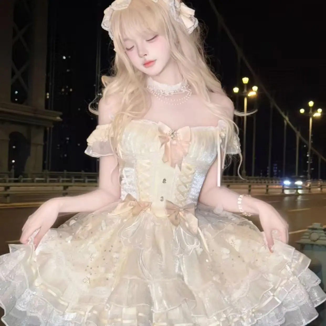 Sweet Princess Lolita Elegant Woman Party Dress Y2k Chic Bow Fairy Vintage Dress Slim Flower Lace Retro Outfits Japanese Summer