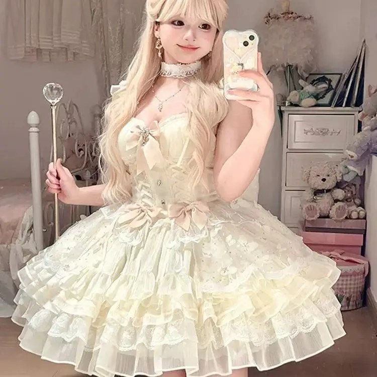 Sweet Princess Lolita Elegant Woman Party Dress Y2k Chic Bow Fairy Vintage Dress Slim Flower Lace Retro Outfits Japanese Summer