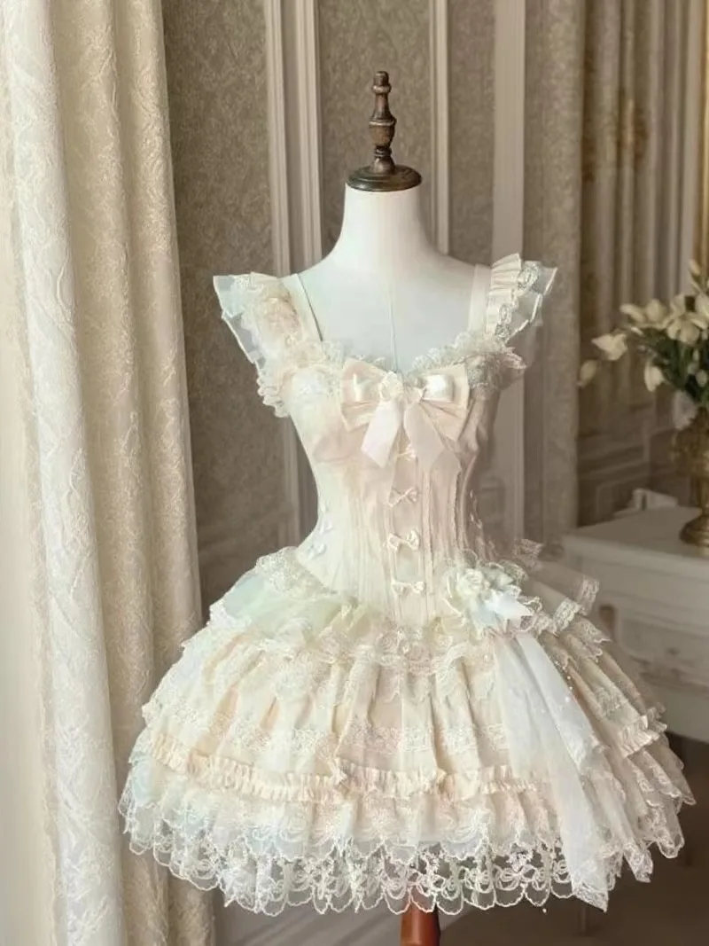 Sweet Princess Lolita Elegant Woman Party Dress Y2k Chic Bow Fairy Vintage Dress Slim Flower Lace Retro Outfits Japanese Summer