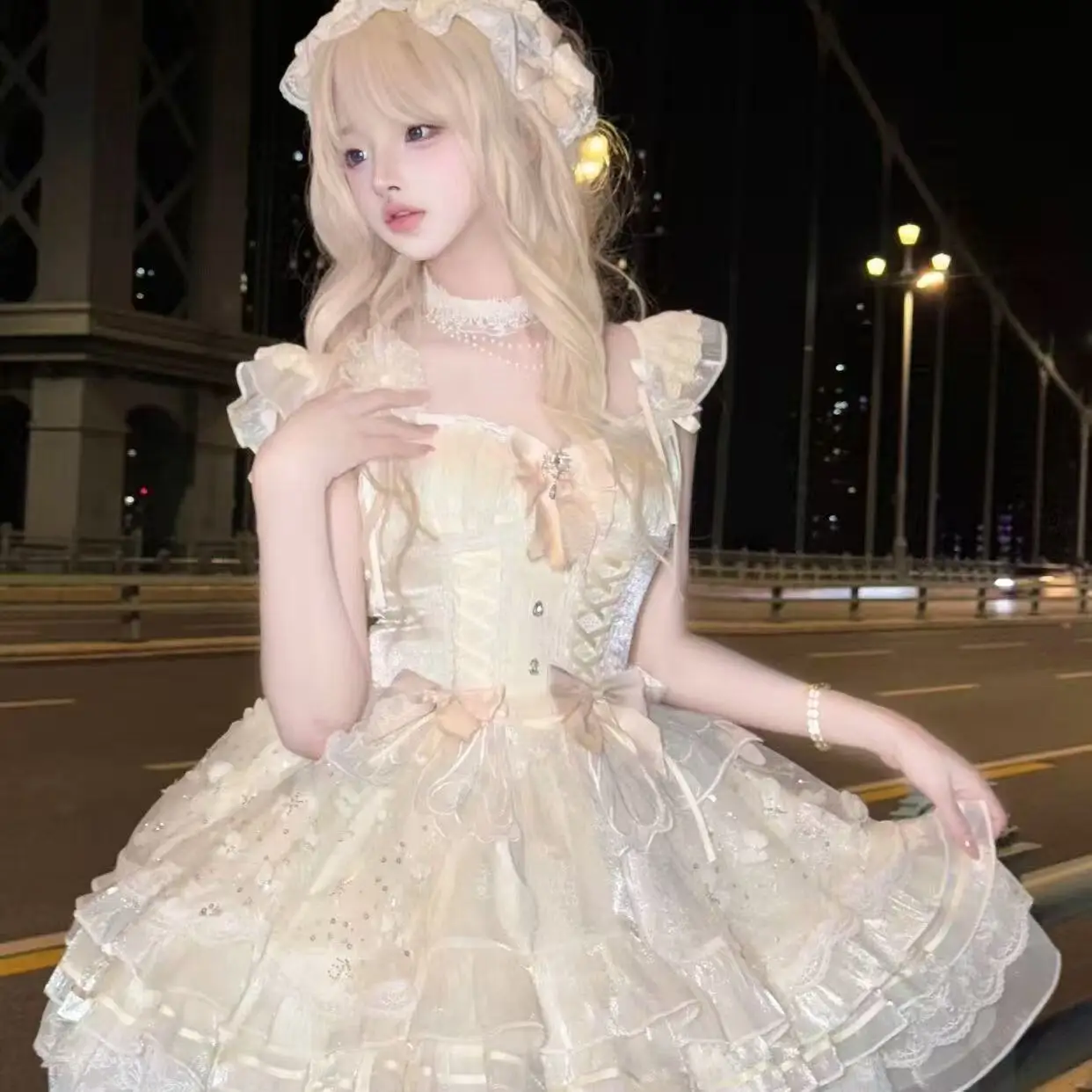 Sweet Princess Lolita Elegant Woman Party Dress Y2k Chic Bow Fairy Vintage Dress Slim Flower Lace Retro Outfits Japanese Summer