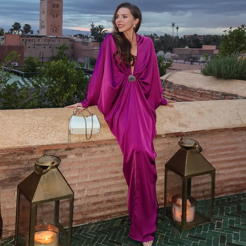 Loose Pleated Long Dress Women Elegant V-neck Batwing Sleeve Female Party Dresses 2026 Summer Lady Chic Solid Evening Robes