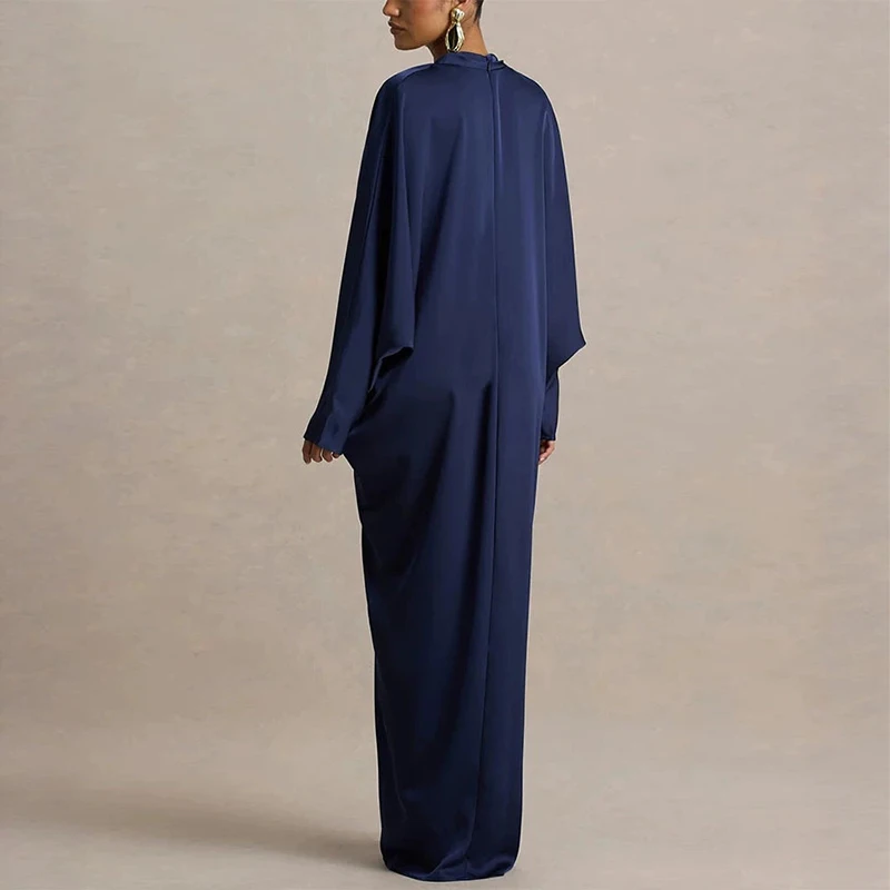 Loose Pleated Long Dress Women Elegant V-neck Batwing Sleeve Female Party Dresses 2026 Summer Lady Chic Solid Evening Robes