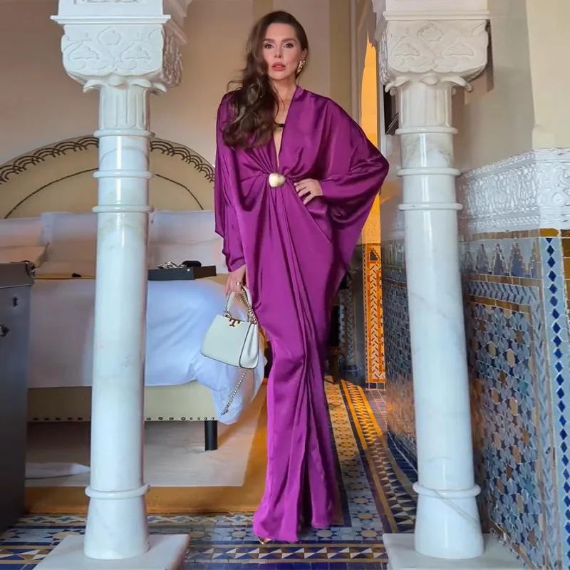 Loose Pleated Long Dress Women Elegant V-neck Batwing Sleeve Female Party Dresses 2026 Summer Lady Chic Solid Evening Robes