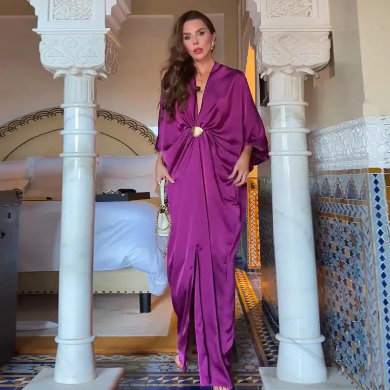 Loose Pleated Long Dress Women Elegant V-neck Batwing Sleeve Female Party Dresses 2026 Summer Lady Chic Solid Evening Robes