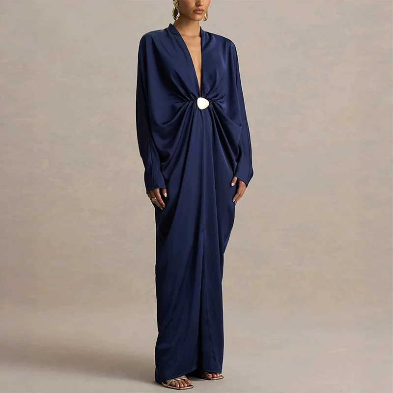Loose Pleated Long Dress Women Elegant V-neck Batwing Sleeve Female Party Dresses 2026 Summer Lady Chic Solid Evening Robes