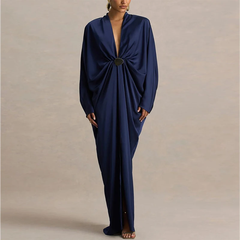Loose Pleated Long Dress Women Elegant V-neck Batwing Sleeve Female Party Dresses 2026 Summer Lady Chic Solid Evening Robes