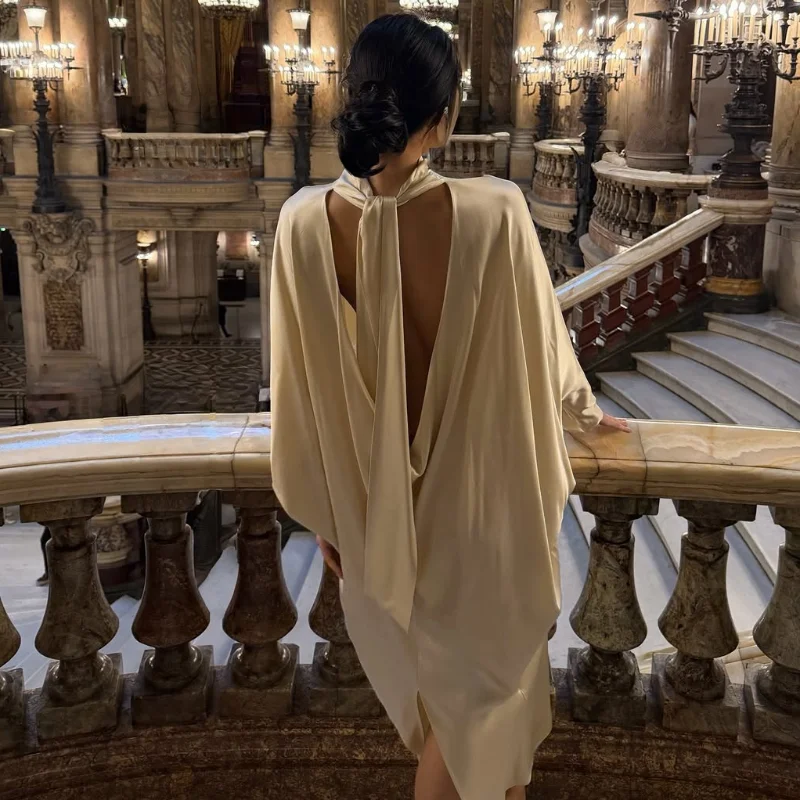 Loose Pleated Long Dress Women Elegant V-neck Batwing Sleeve Female Party Dresses 2026 Summer Lady Chic Solid Evening Robes
