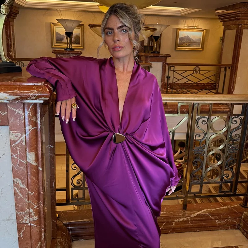 Loose Pleated Long Dress Women Elegant V-neck Batwing Sleeve Female Party Dresses 2026 Summer Lady Chic Solid Evening Robes