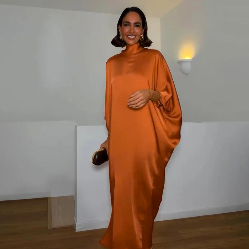 Loose Pleated Long Dress Women Elegant V-neck Batwing Sleeve Female Party Dresses 2026 Summer Lady Chic Solid Evening Robes