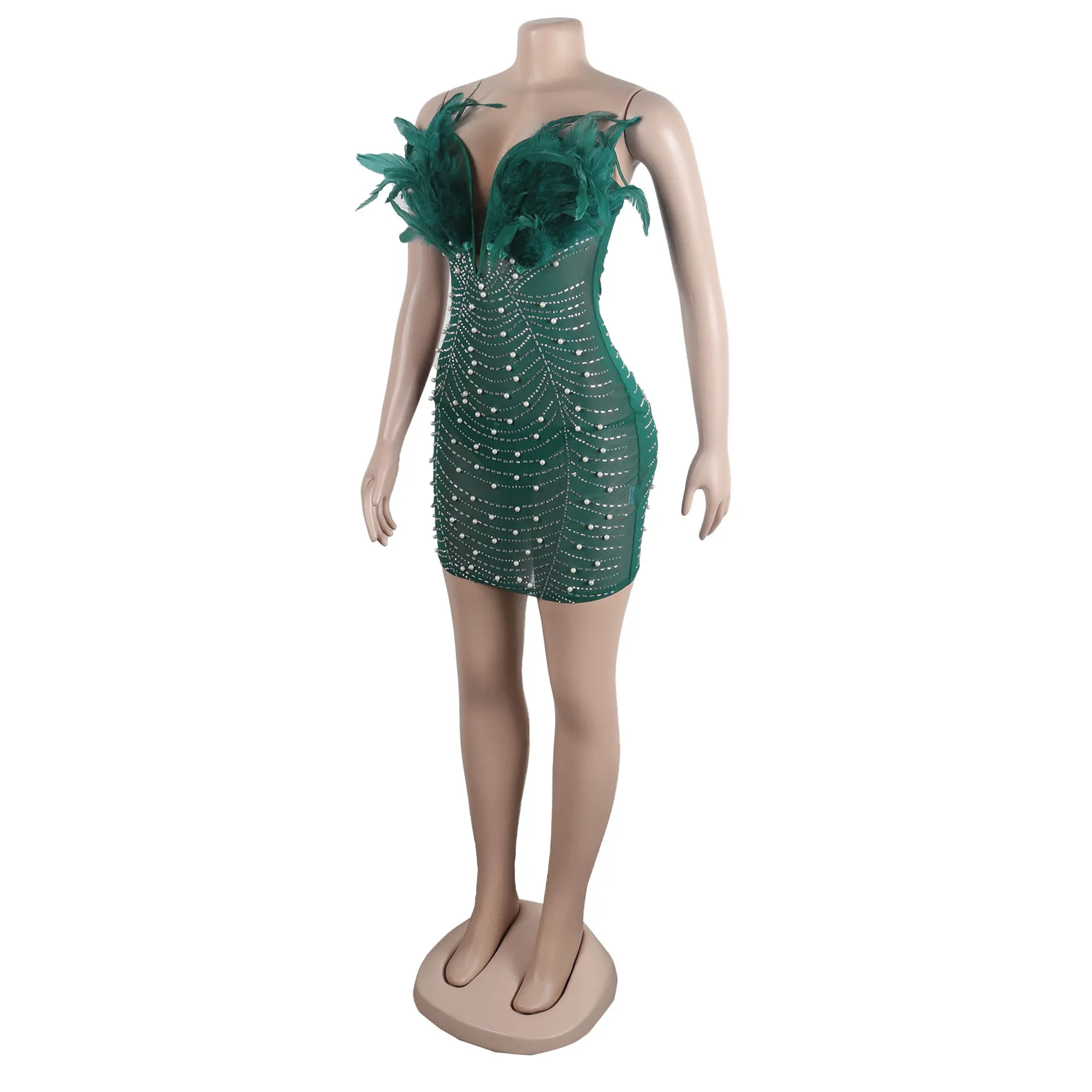 CM.YAYA Women Diamonds Hot Rhinestones Feather Mesh Strapless Plunging V-neck Bodycon Midi Dress 2023 Sexy Party Evening Dresses
