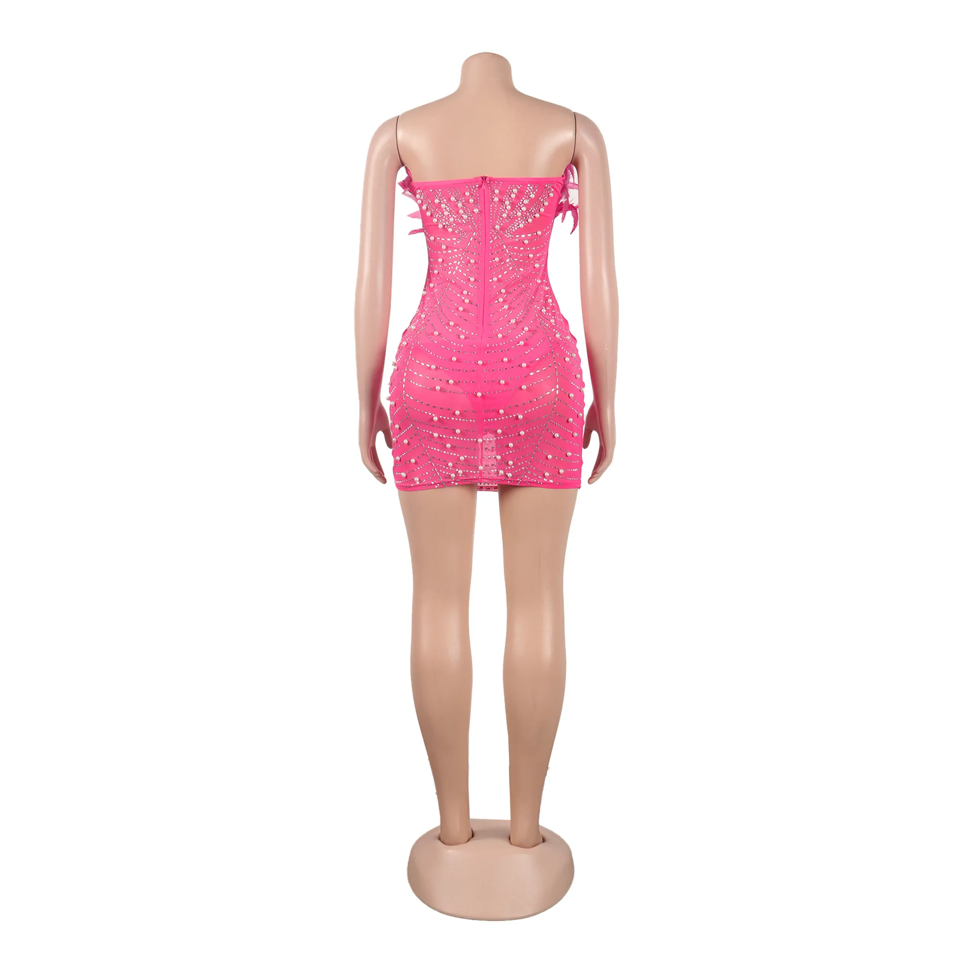 CM.YAYA Women Diamonds Hot Rhinestones Feather Mesh Strapless Plunging V-neck Bodycon Midi Dress 2023 Sexy Party Evening Dresses