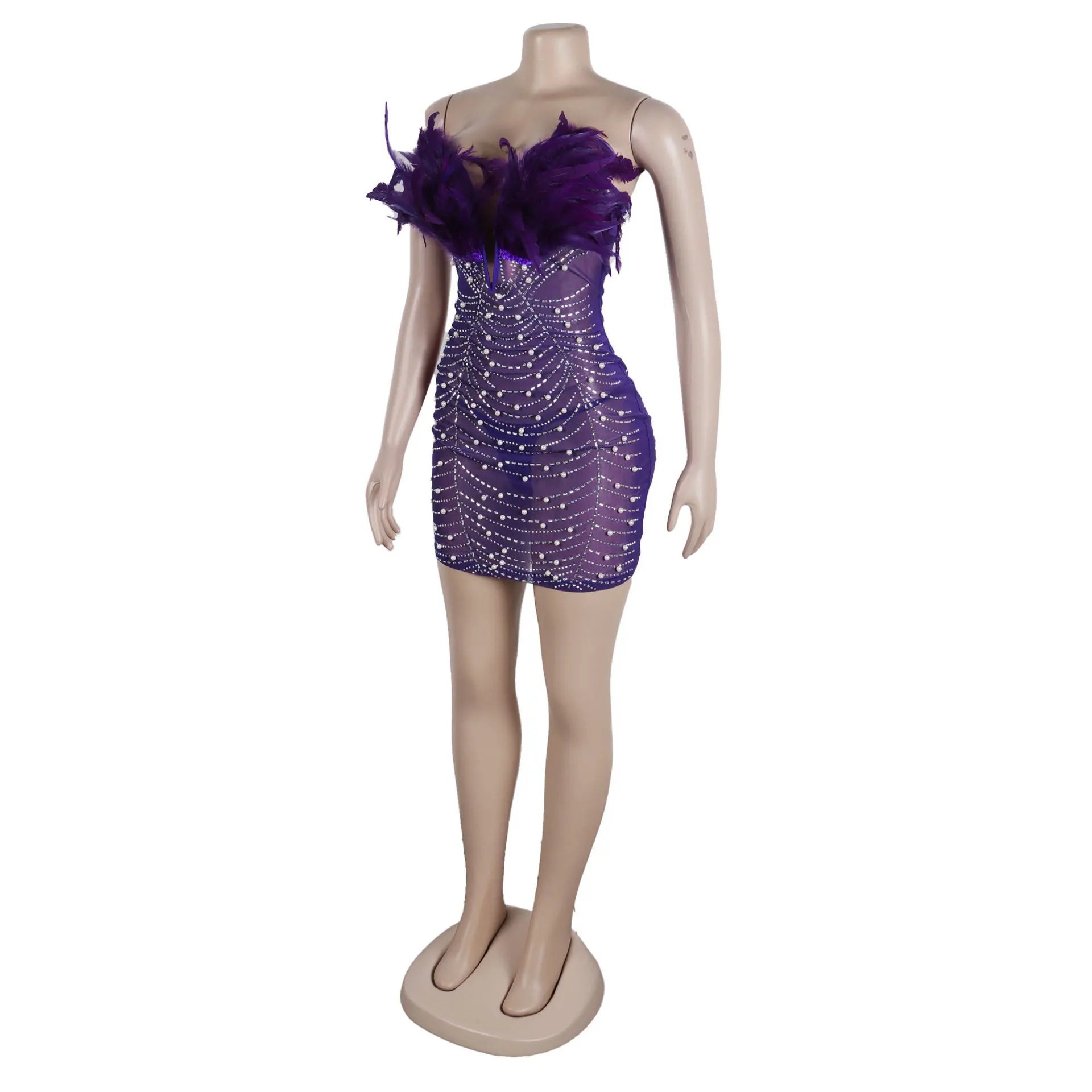 CM.YAYA Women Diamonds Hot Rhinestones Feather Mesh Strapless Plunging V-neck Bodycon Midi Dress 2023 Sexy Party Evening Dresses