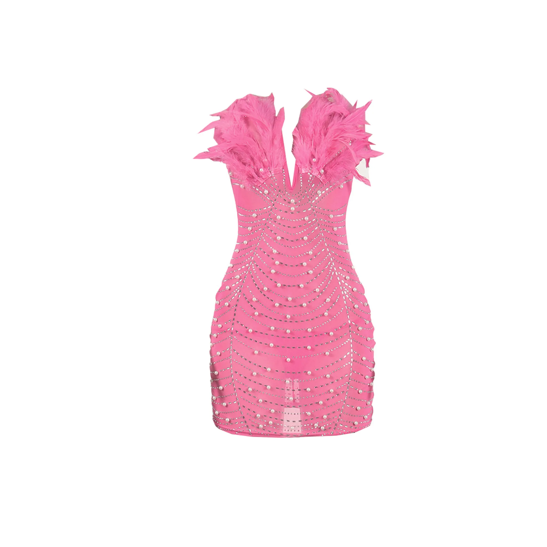 CM.YAYA Women Diamonds Hot Rhinestones Feather Mesh Strapless Plunging V-neck Bodycon Midi Dress 2023 Sexy Party Evening Dresses