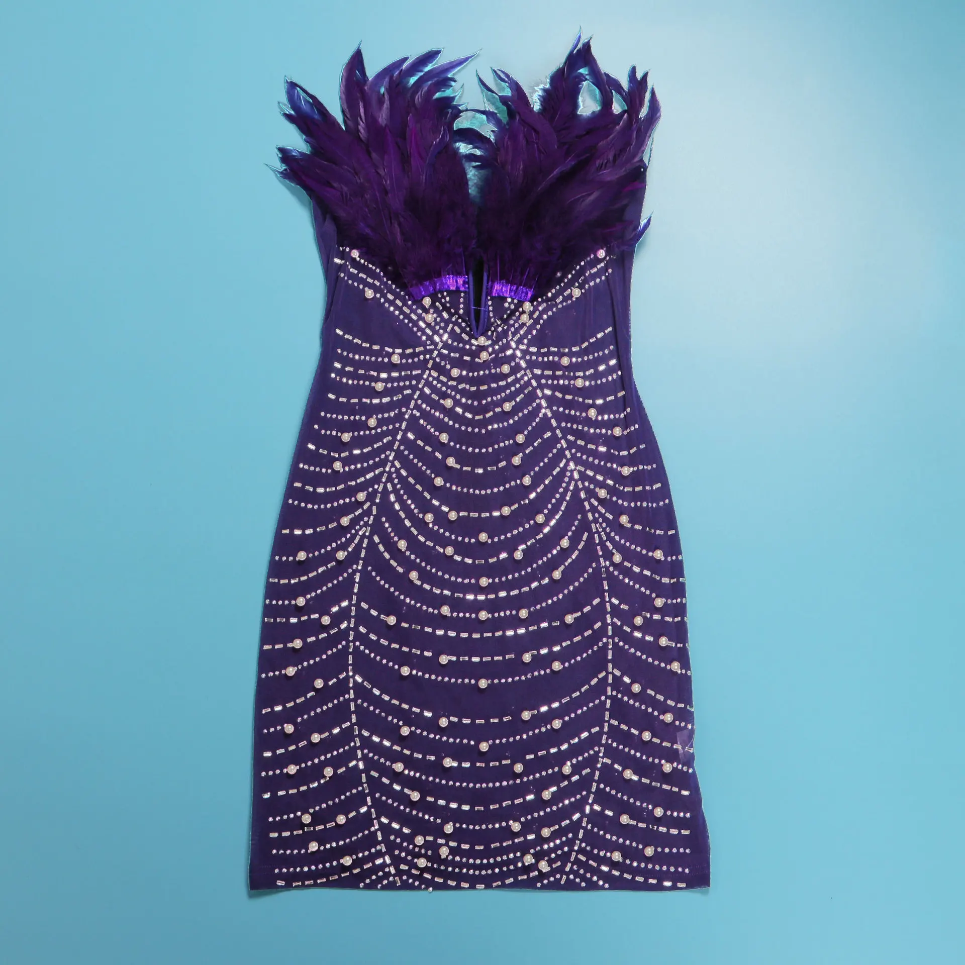 CM.YAYA Women Diamonds Hot Rhinestones Feather Mesh Strapless Plunging V-neck Bodycon Midi Dress 2023 Sexy Party Evening Dresses