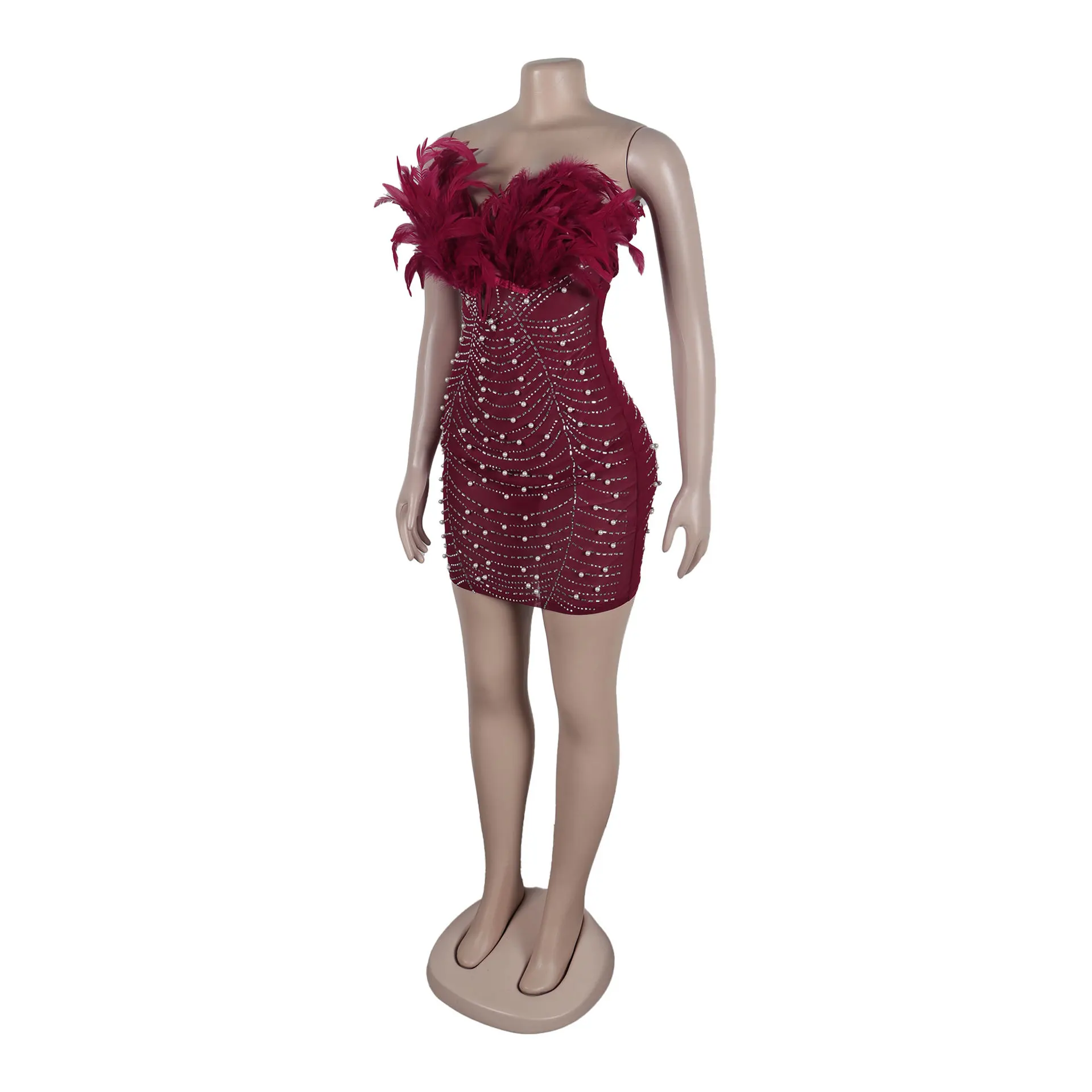CM.YAYA Women Diamonds Hot Rhinestones Feather Mesh Strapless Plunging V-neck Bodycon Midi Dress 2023 Sexy Party Evening Dresses