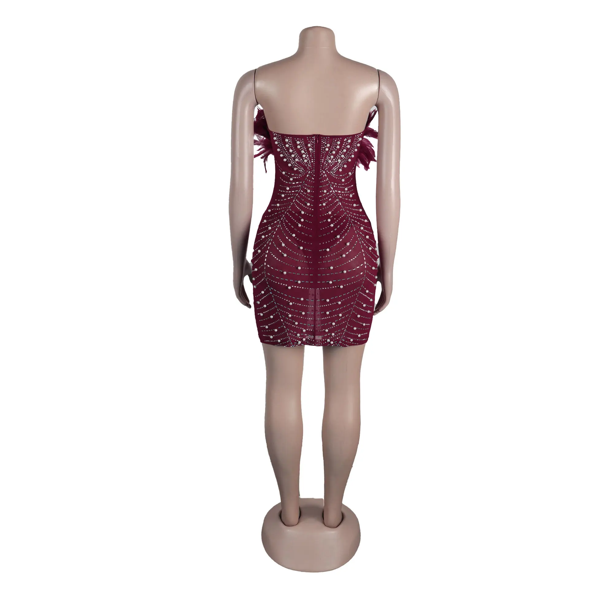CM.YAYA Women Diamonds Hot Rhinestones Feather Mesh Strapless Plunging V-neck Bodycon Midi Dress 2023 Sexy Party Evening Dresses